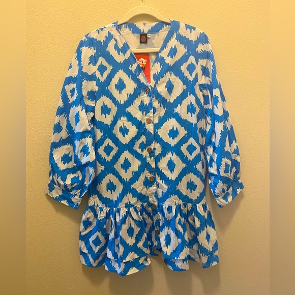 CUPCAKE BLUE AND WHITE MINI DRESS LONG SLEEVES WITH RUFFLES - Picture 1 of 7